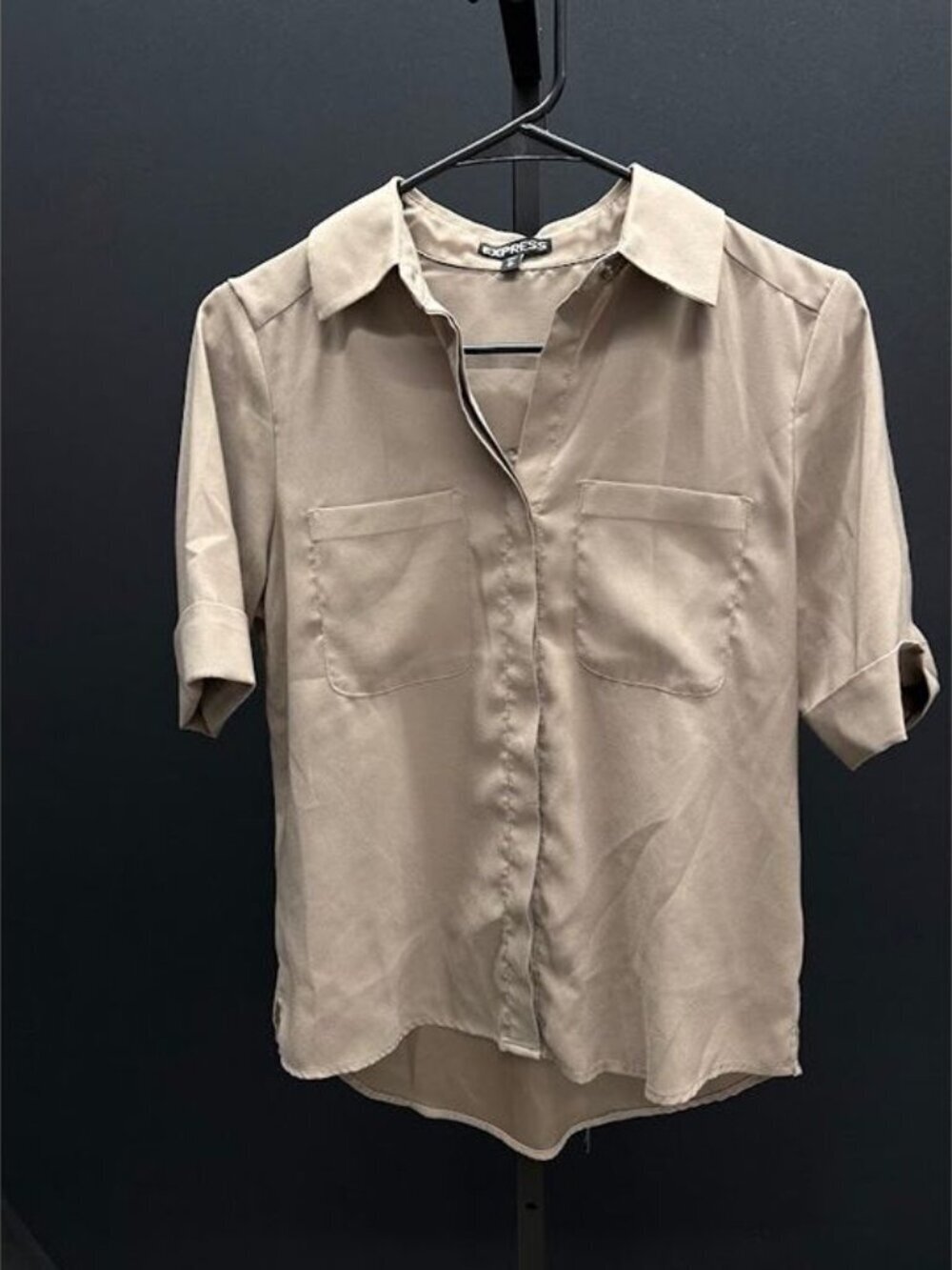 Express Portofino Satin Short Sleeve Button Up Blouse